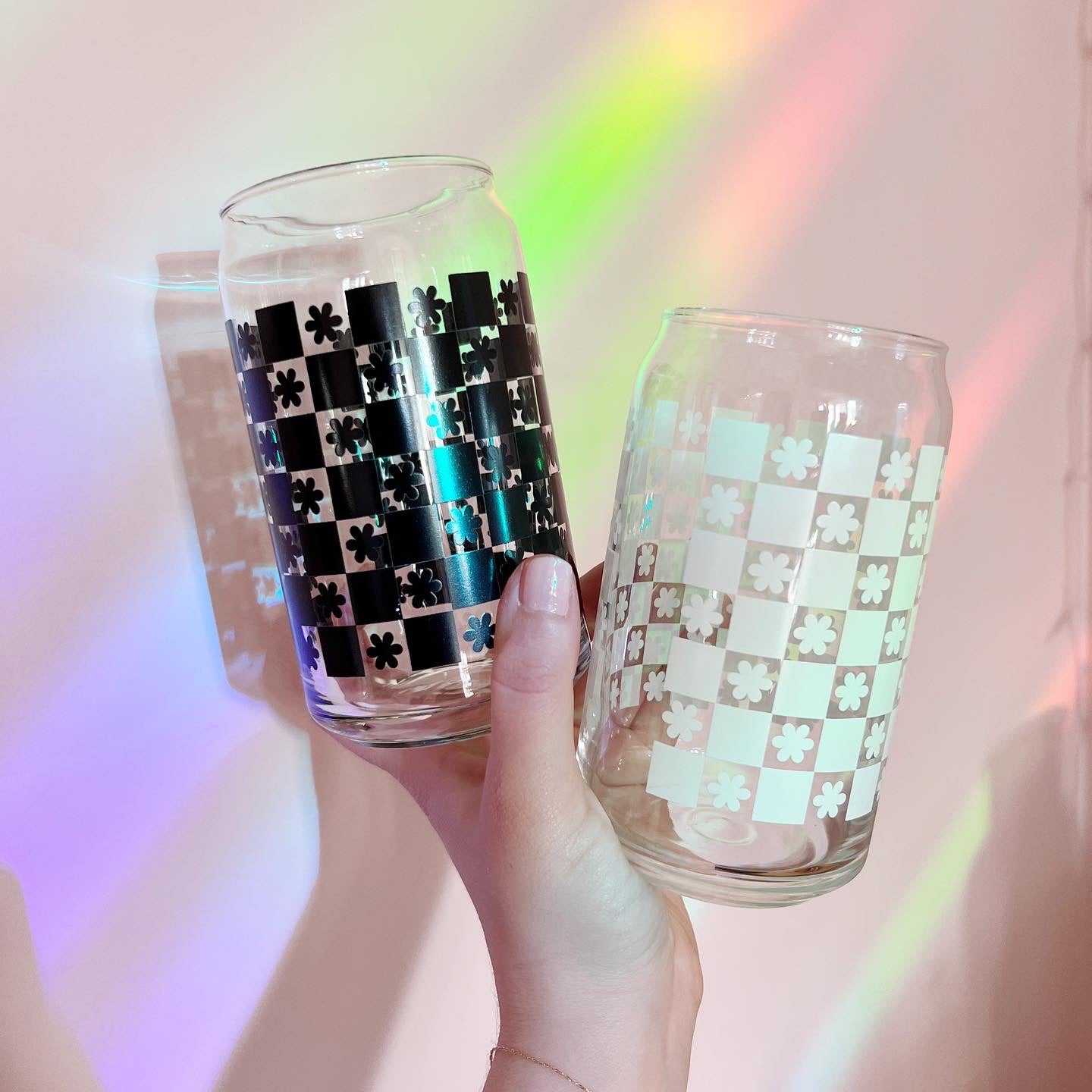 Checkered Daisy Glass Can Cup