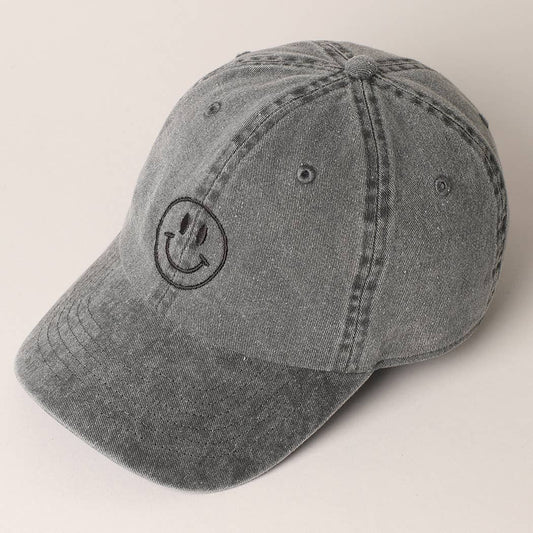 Embroidered Happy Face Dad Hat in Black