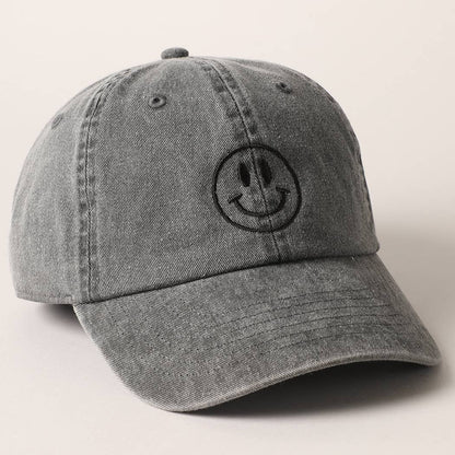 Embroidered Happy Face Dad Hat in Black