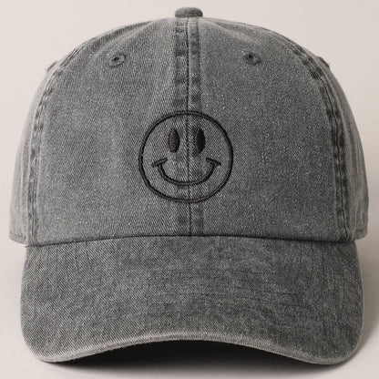 Embroidered Happy Face Dad Hat in Black